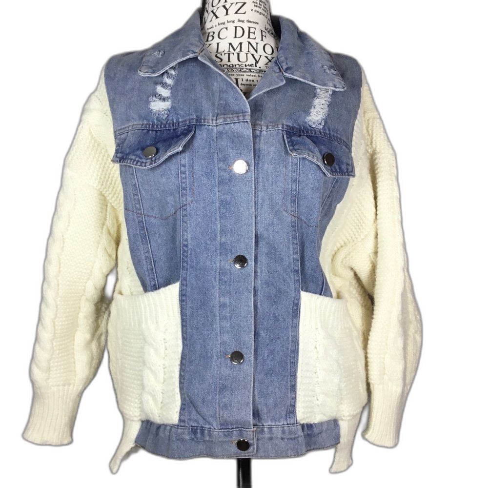 Cream chunky cable knit and blue distressed denim button up jacket combined sz L